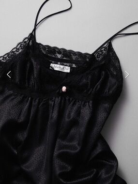 Dior Black Satin Slip with Lace Trim and Pink Rosette